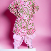 Thumbnail for Ice-Cream Pink Cotton Block Printed Traditional Dhoti Kurta Set With Gota Highlights For Girls