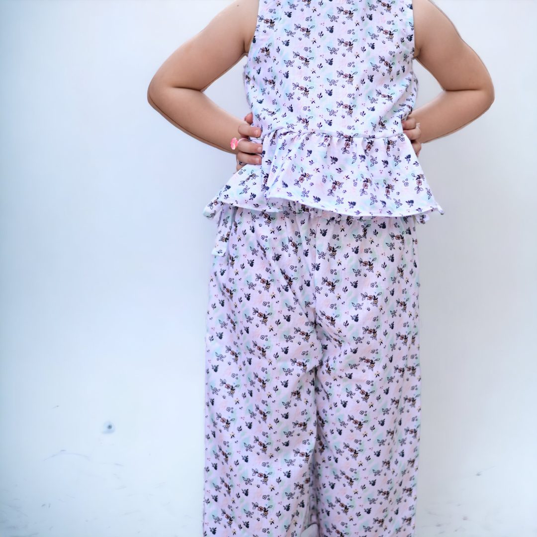 Two Piece White Floral Cotton Peplum Top And Culottes Set For Girls