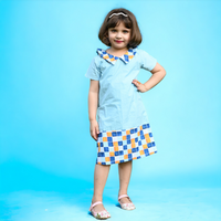 Thumbnail for Powder Blue Tile Print Soft Cotton A line Knee Length Shift Dress For Girls