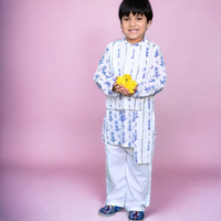 Thumbnail for White & Blue Cotton Block Print Asymmetrical Traditional Kurta Pyjama Set For Boys