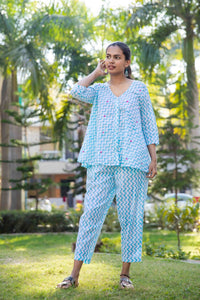 Thumbnail for Blue Chevron Embroidered Co-ord Set for Women