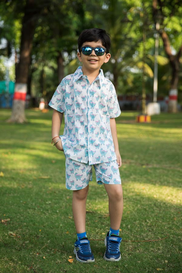 Blue & White Dino Print Shirt Shorts Boy’s Co-ord Set