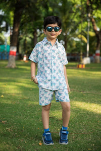 Thumbnail for Blue & White Dino Print Shirt Shorts Boy’s Co-ord Set