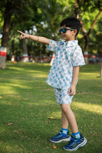 Thumbnail for Blue & White Dino Print Shirt Shorts Boy’s Co-ord Set