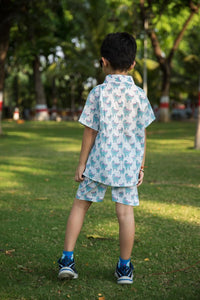 Thumbnail for Blue & White Dino Print Shirt Shorts Boy’s Co-ord Set