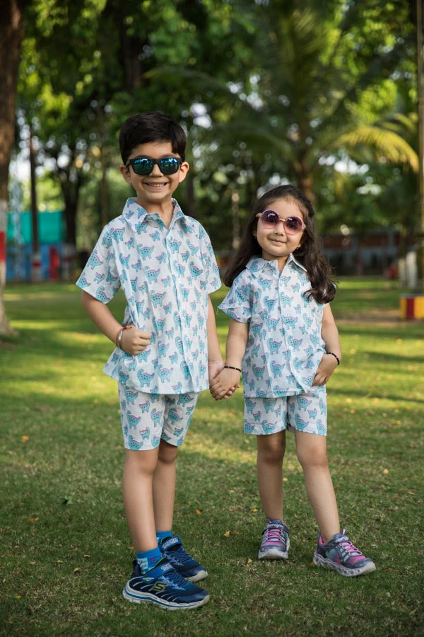 Blue & White Dino Print Shirt Shorts Girl’s Co-ord Set