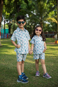 Thumbnail for Blue & White Dino Print Shirt Shorts Girl’s Co-ord Set