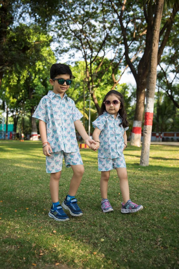 Blue & White Dino Print Shirt Shorts Girl’s Co-ord Set