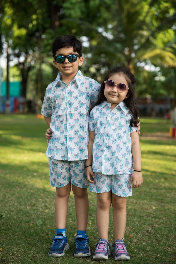 Blue & White Dino Print Shirt Shorts Girl’s Co-ord Set