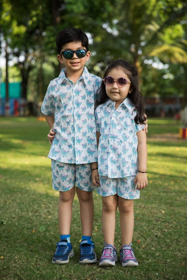 Blue & White Dino Print Shirt Shorts Girl’s Co-ord Set