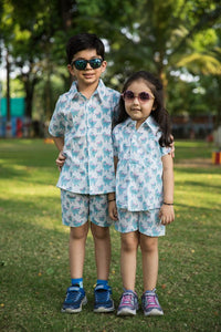 Thumbnail for Blue & White Dino Print Shirt Shorts Girl’s Co-ord Set