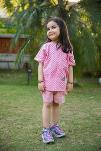 Thumbnail for Pink Scale & Stripes Block Print Cotton Girl Co-ord Set