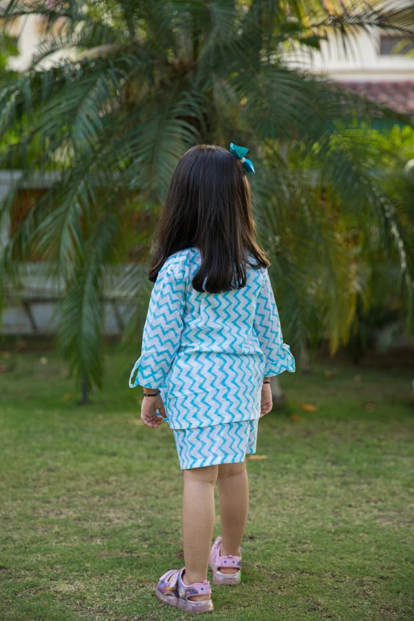 Boy & Girl Embroidered White & Blue Chevron Block Print Girl Co-ord Twinning Set Duo