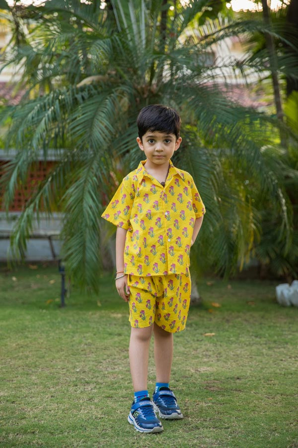 Sunshine Yellow Floral Print Shirt Shorts Boy's  Co-ord Set