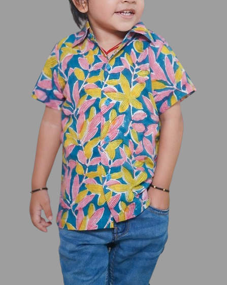 Multicoloured Cotton Block Floral Printed Bush Shirt For Boys