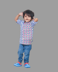 Thumbnail for Blue Cotton Block Print Embroidered Stand Collar Bush Shirt For Boys