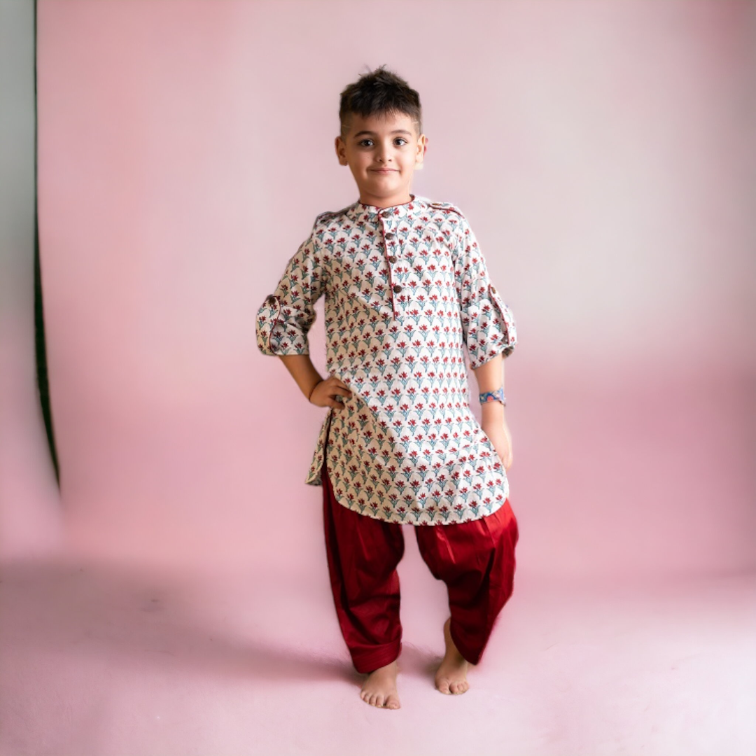 White Red Cotton Block Print Pathani Suit set For Boys