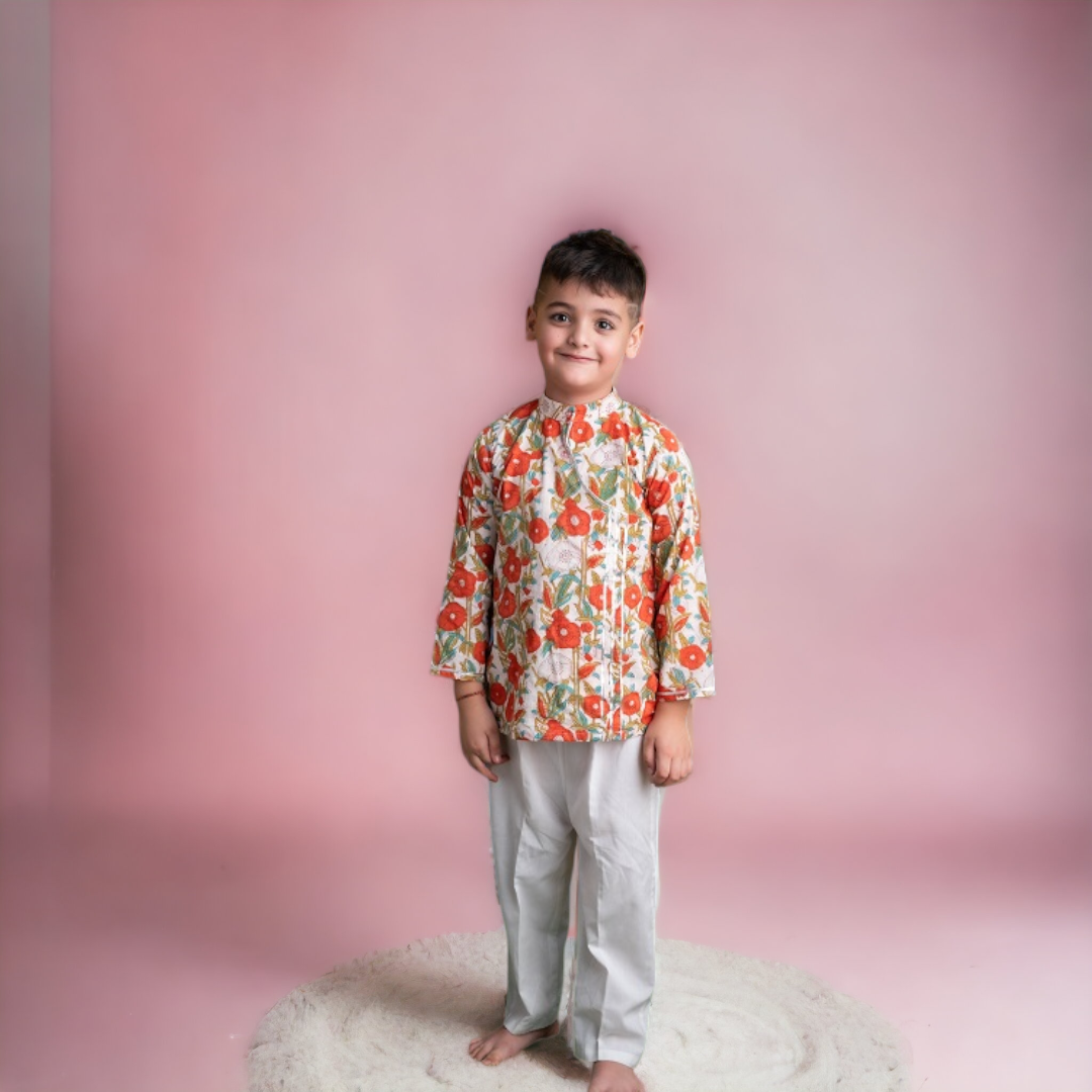 Orange White Cotton Block Print Kurta Pyjama Set For Boys