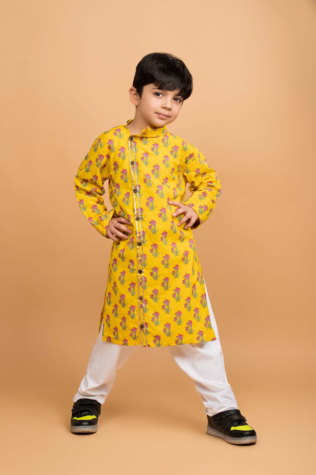 Yellow Floral Cotton Kurta Pyjama Set For Boys