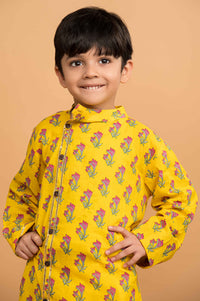 Thumbnail for Yellow Floral Cotton Kurta Pyjama Set For Boys