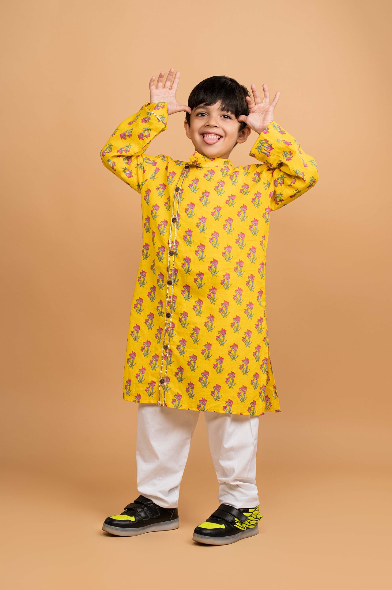 Yellow Floral Cotton Kurta Pyjama Set For Boys