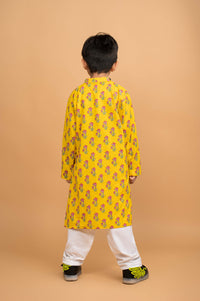 Thumbnail for Yellow Floral Cotton Kurta Pyjama Set For Boys