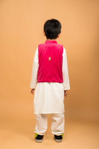 Thumbnail for Fuchsia Pink White Hand Embroidered Kurta Pyjama Boy’s Jacket Set