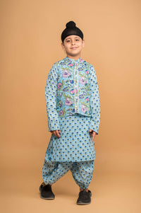 Thumbnail for Three Piece Powder Blue Cotton Block Print Traditional Dhoti Kurta Jacket Set For Boys