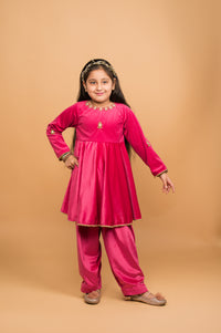 Thumbnail for Fuchsia Velvet Peplum Kurta And Salwar Hand Embroidered Set For Girls