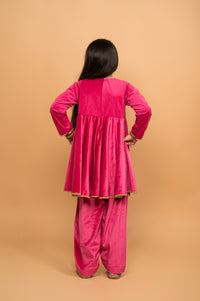 Thumbnail for Fuchsia Velvet Peplum Kurta And Salwar Hand Embroidered Set For Girls