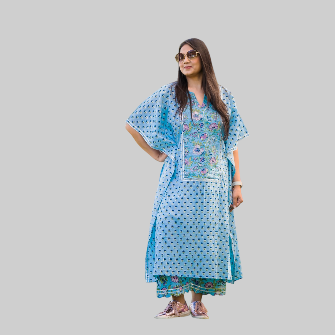 Blue Two Piece Emroidered Kaftan And Palazzo Co-ord Set For Women