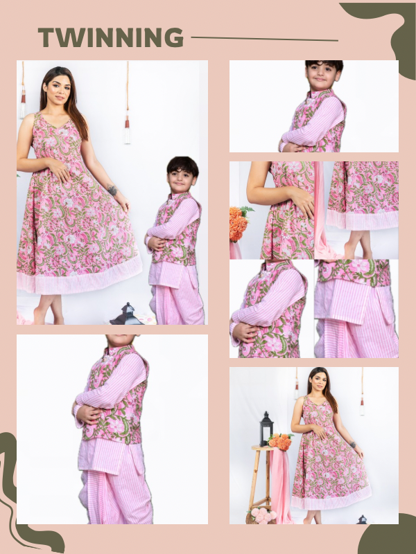 Mom & Son Pink Floral Cotton Hand Block Printed Twinning Set Duo