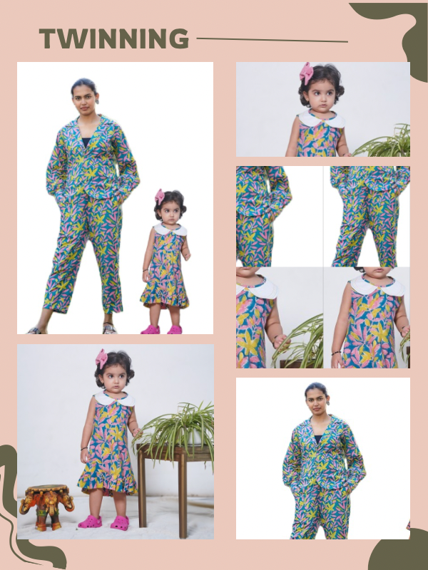 Mom & Daughter Multicolour floral Hand Block Printed Twinning Set Duo