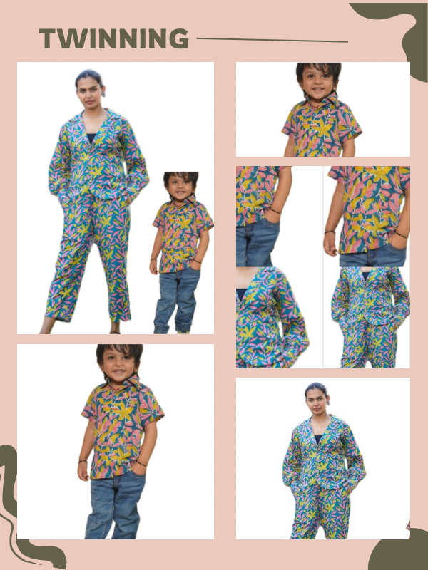 Mom & Son Multicolour Floral Cotton Hand Block Printed Twinning Set Duo