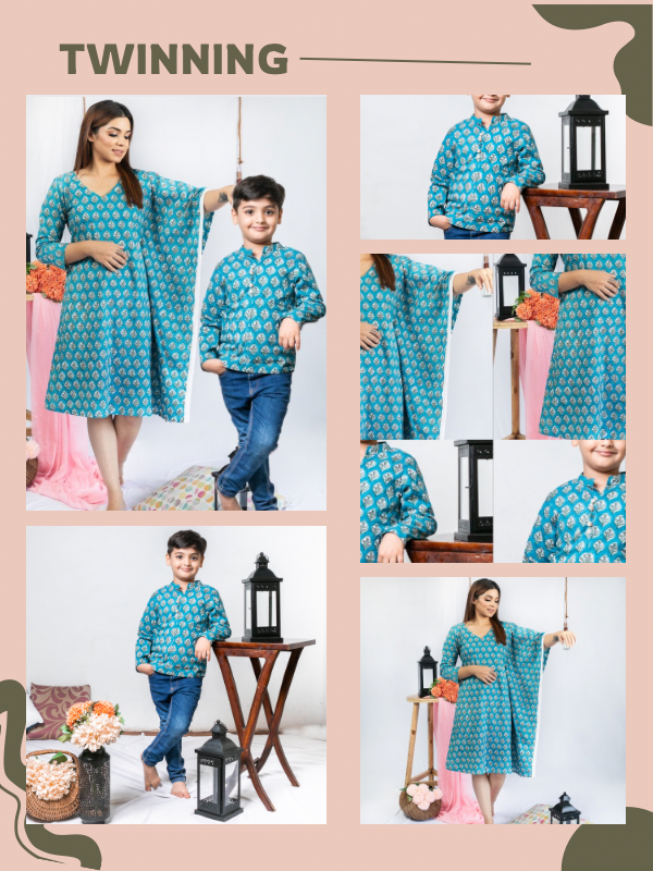 Mom & Son Blue Floral Cotton Hand Block Printed Twinning Set Duo