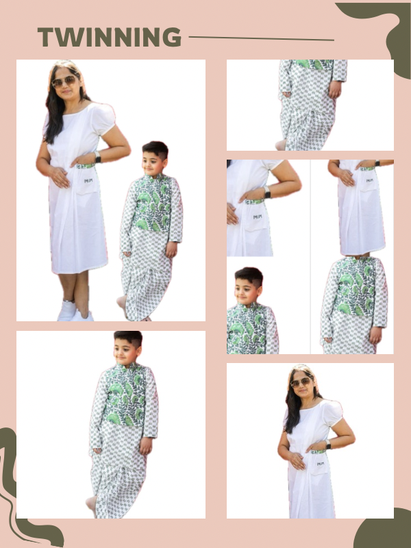 Mom & Son Summer Cool Green & White Cotton Hand Block Printed Twinning Set Duo