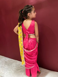 Thumbnail for Yellow Pink Pre-stitched Saree Blouse Set For Girls