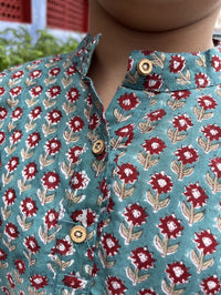 Thumbnail for Teal floral Cotton Handblock Printed Boy shirts
