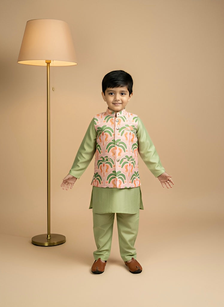 Green 3 piece Digital Print Kurta Pajama with Printed Nehru Jacket Set for Boys
