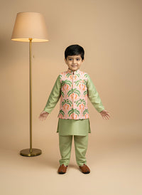 Thumbnail for Green 3 piece Digital Print Kurta Pajama with Printed Nehru Jacket Set for Boys