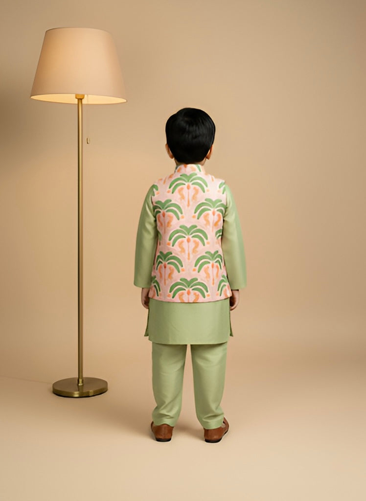 Green 3 piece Digital Print Kurta Pajama with Printed Nehru Jacket Set for Boys