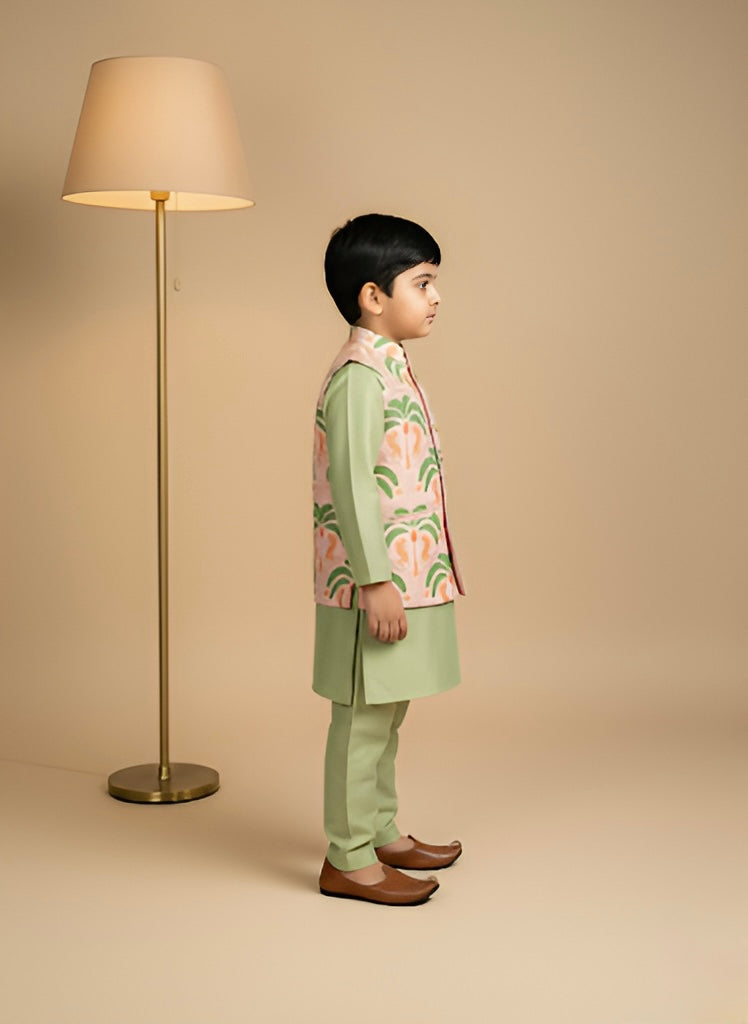 Green 3 piece Digital Print Kurta Pajama with Printed Nehru Jacket Set for Boys