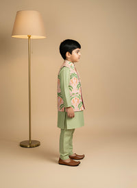 Thumbnail for Green 3 piece Digital Print Kurta Pajama with Printed Nehru Jacket Set for Boys