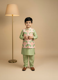 Thumbnail for Green 3 piece Digital Print Kurta Pajama with Printed Nehru Jacket Set for Boys