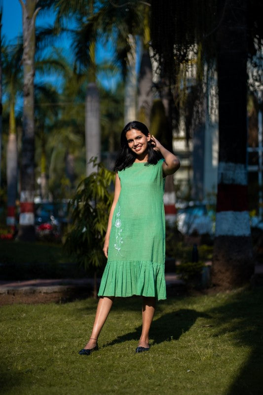 Green Embroidered Cotton Sleeveless Dress