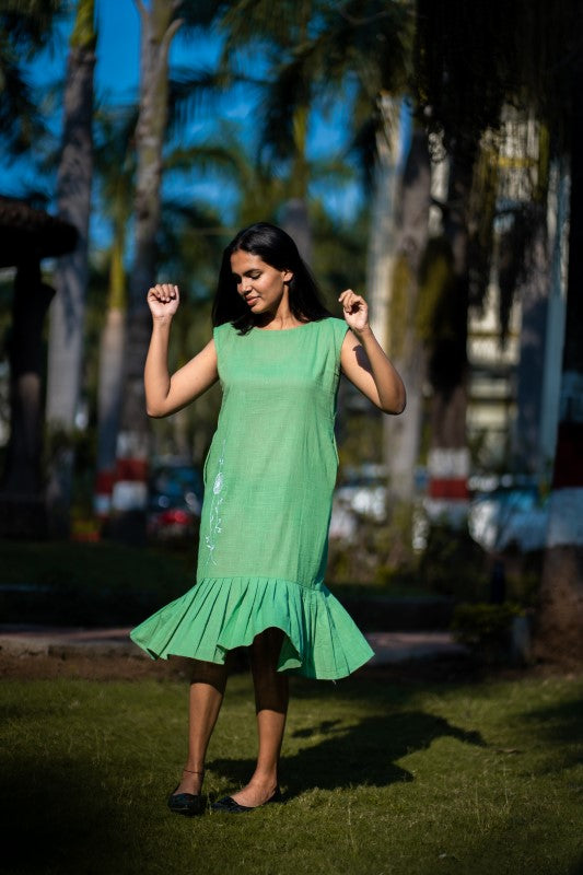Green Embroidered Cotton Sleeveless Dress