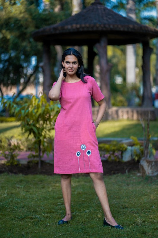Pink Embroidered Cotton Shift Dress