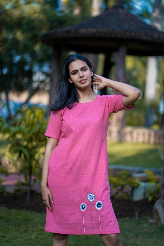 Pink Embroidered Cotton Shift Dress