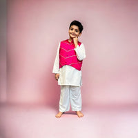 Thumbnail for Fuchsia Pink & Off White Kurta Pyjama Boy’s Jacket Set