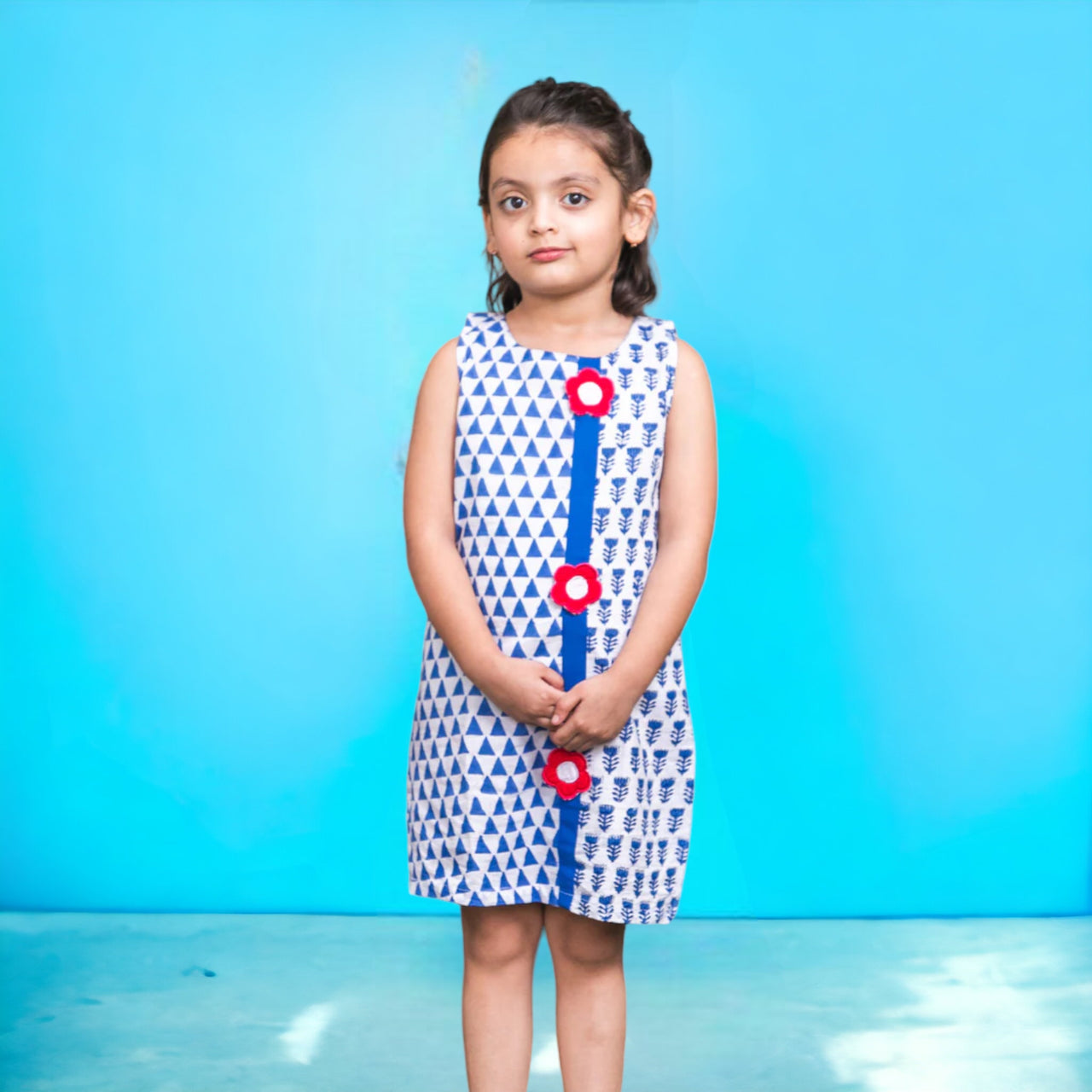 Blue Cotton Block Print Sleevless Dress With Appliqué Red Flowers For Girl's